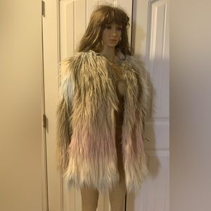 Rare Story Of Lola Pastel Rainbow Color Faux Fur Jacket Coat M/L Worn Once